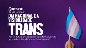 Imagem com a bandeira da comunidade trans ao lado direito e do lado esquerda o título: 29 de janeiro, dia da visibilidade trans. Por um futuro onde as pessoas trans tenham direito garantido à vida plana