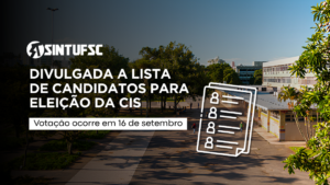 Ao fundo, fotografia do campus da UFSC, com o prédio da Reitoria I à direita. Na parte superior, sobre fundo escuro, aparece o logotipo do SINTUFSC e em destaque, o texto: “Divulgada a lista de candidatos para eleição da CIS”. Abaixo: “Votação ocorre em 16 de setembro”. No canto inferior direito, há uma ilustração com uma lista representando os nomes dos candidatos.