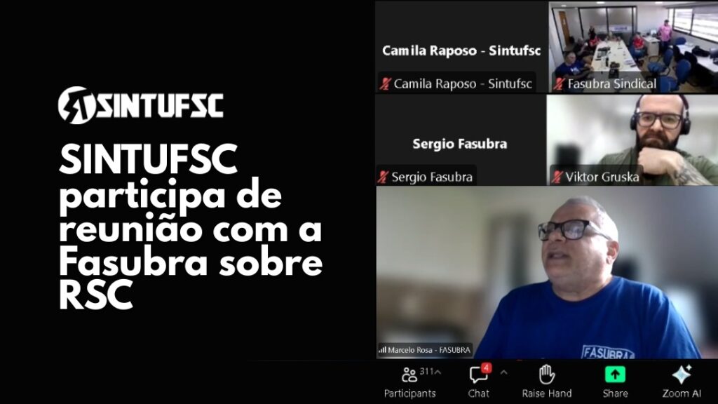Print de uma tela de videoconferência. Ao lado, o texto "SINTUFSC participa de reunião com a Fasubra sobre RSC"