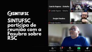 Print de uma tela de videoconferência. Ao lado, o texto "SINTUFSC participa de reunião com a Fasubra sobre RSC"