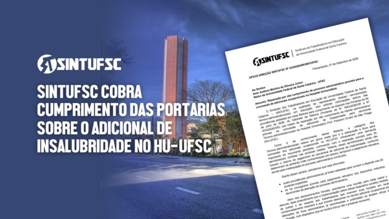 Fundo em tons de azul. À esquerda em letras brancas grandes: “SINTUFSC cobra cumprimento das portarias sobre o adicional de insalubridade no HU-UFSC”. Ao centro e ao fundo, fotografia do Hospital Universitário da UFSC. À direita, sobreposta à imagem e levemente inclinada, reprodução de um ofício do SINTUFSC encaminhado à Reitoria da UFSC.